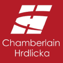 A red and white logo of chamberlain hrdlicka